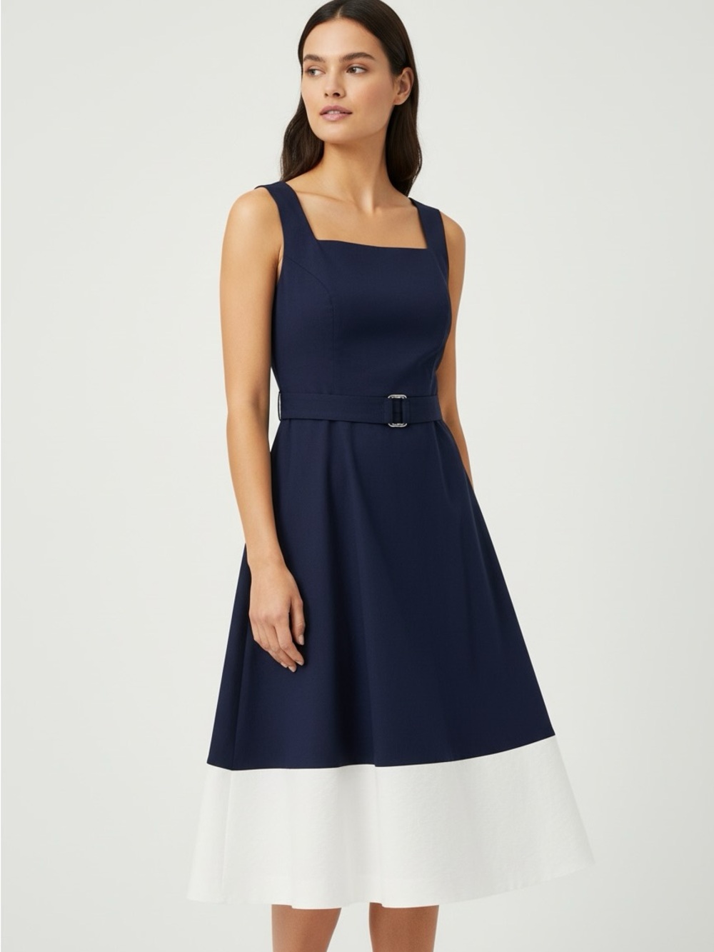 New Jessica Howard Navy and White Belted Midi Dress size 14